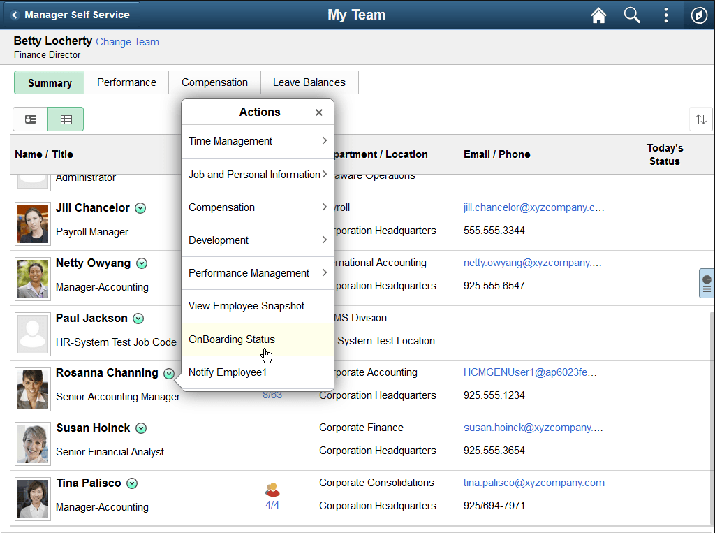 OnBoarding Status menu option from the Related Actions menu