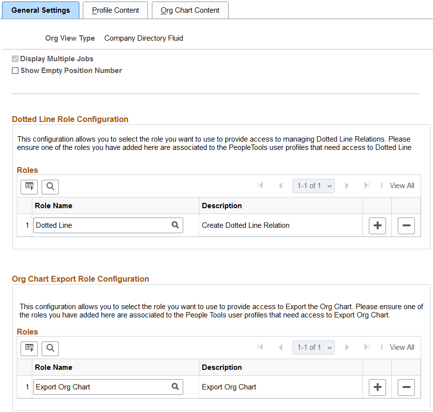Chart and Profile Settings - General Settings page for the Company Directory Fluid org view type
