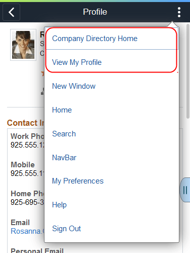 Actions List options for the Company Directory from the Profile pages