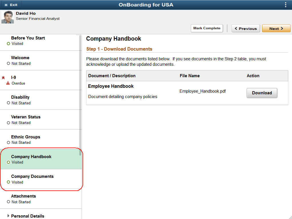 Example of the OnBoarding pages showing steps using document groups (1 of 2)
