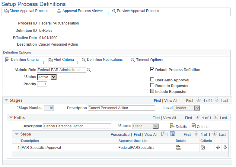 Setup Process Definitions page
