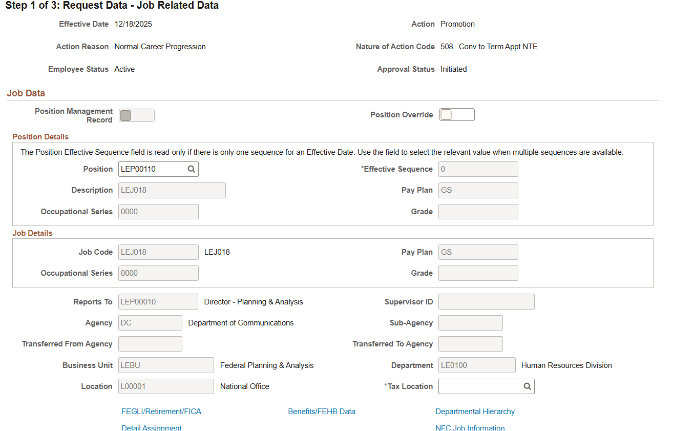 Request Data - Job Related Data page (1 of 3)
