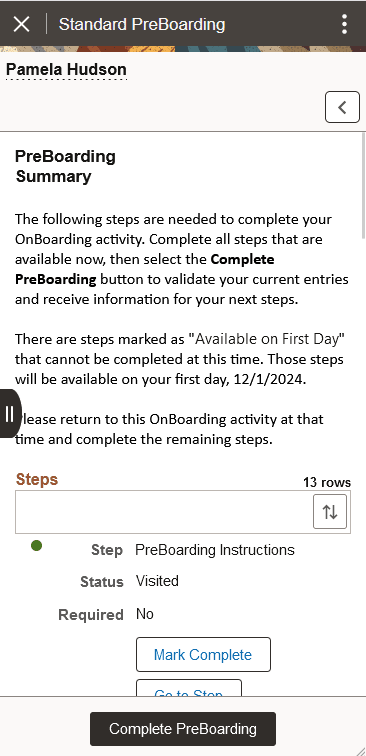 (Smartphone) PreBoarding Summary page