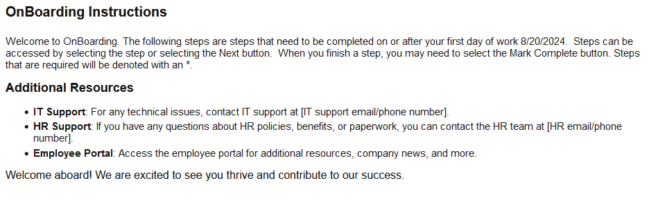 OnBoarding Instructions page