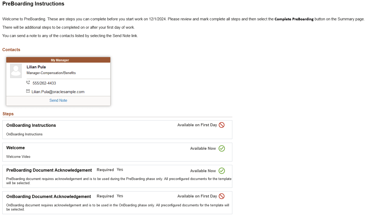 PreBoarding Instructions page (1 of 2)
