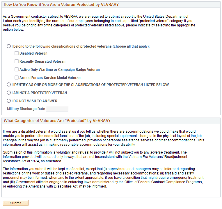 (Classic) Veteran Status page (2 of 2)