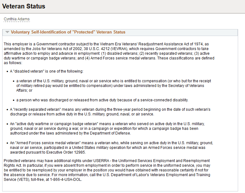 (Classic) Veteran Status page (1 of 2)