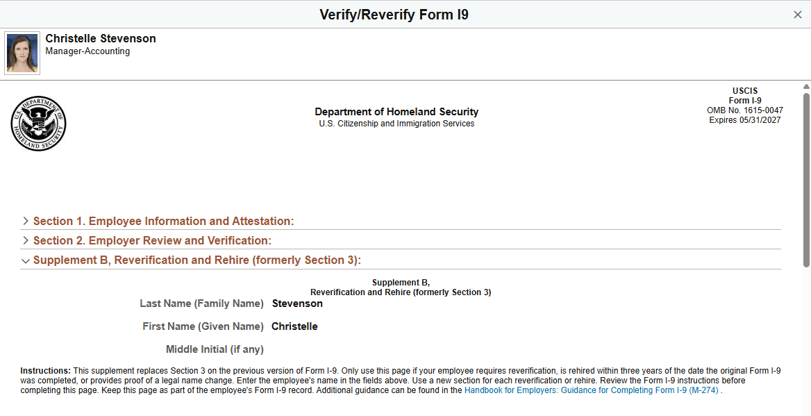 Verify/Reverify Form I9 Page - Supplement B, Reverification and Rehire (formerly Section 3) (1 of 2)