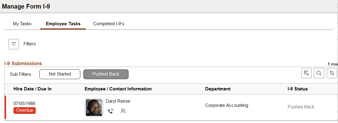 Employee Tasks page when the are statuses with Push Back selected