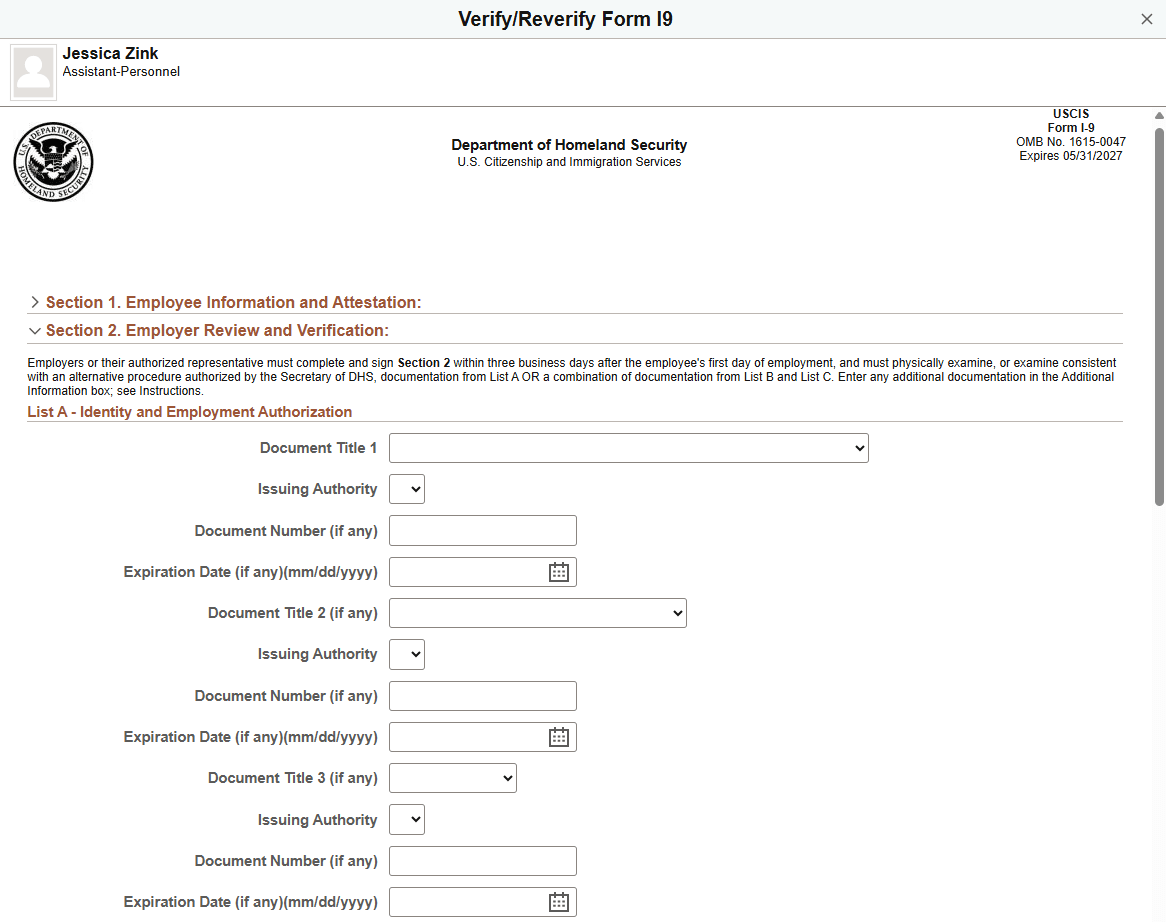 (Fluid) Verify/Reverify Form I9 Page, Section 2. Employer Review and Verification (1 of 3)