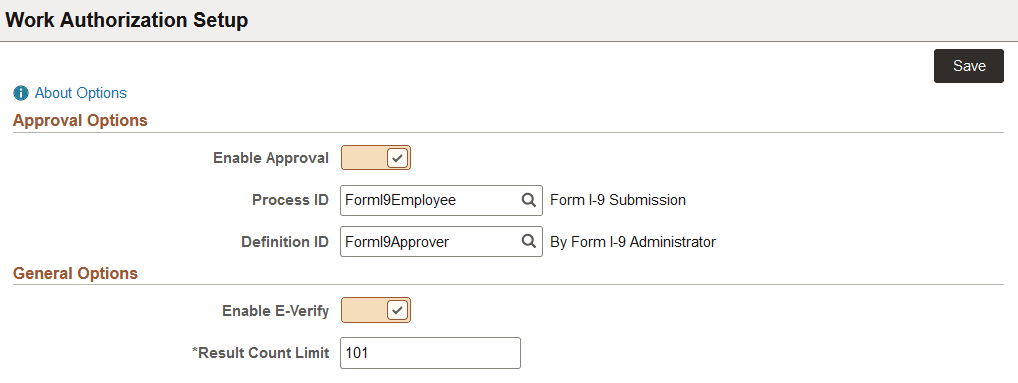 Work Authorization Setup page