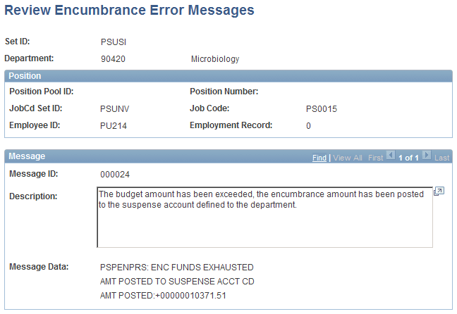 Review Encumbrance Error Messages page