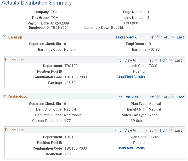 Actuals Distribution Summary page (1 of 2)