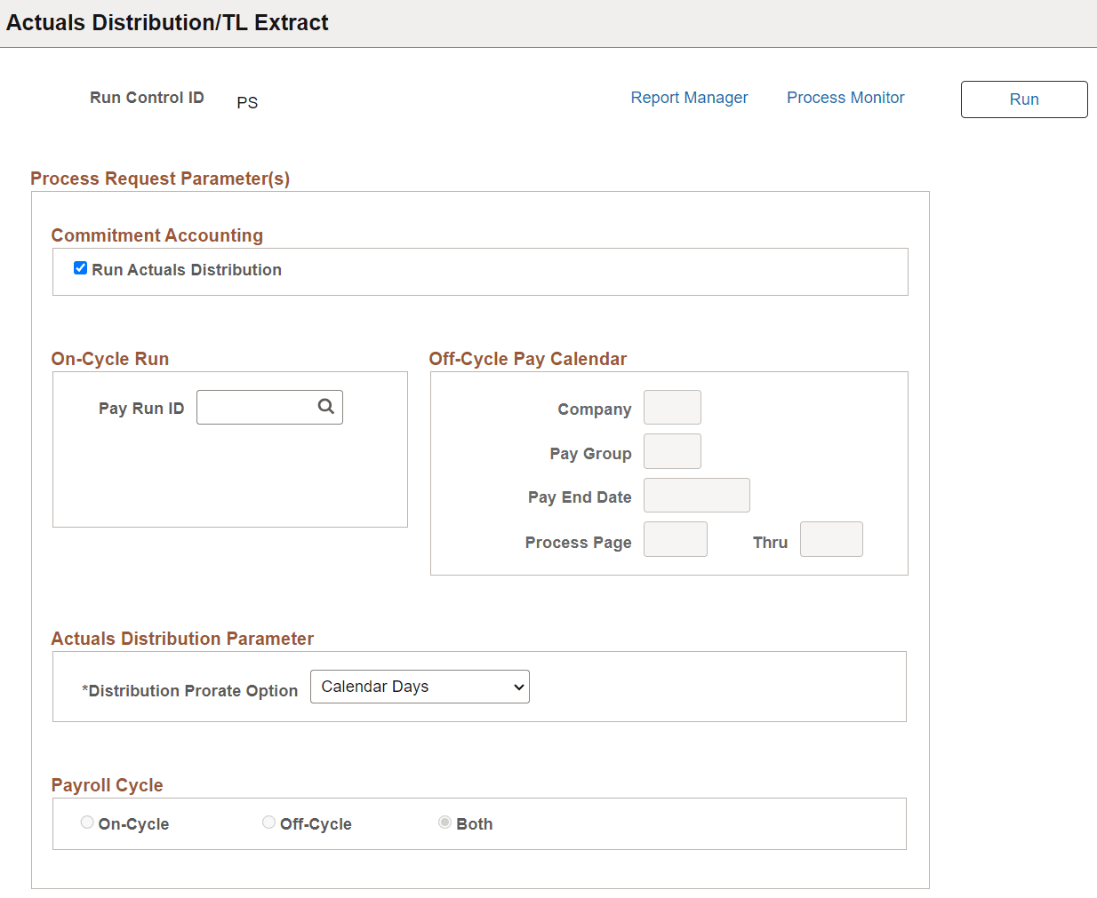 Actuals Distribution/TL Extract page