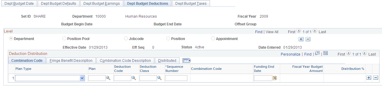 Dept Budget Deductions page