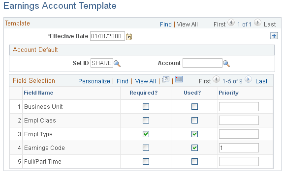 Earnings Account Template page