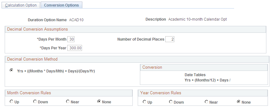 Conversion Options page