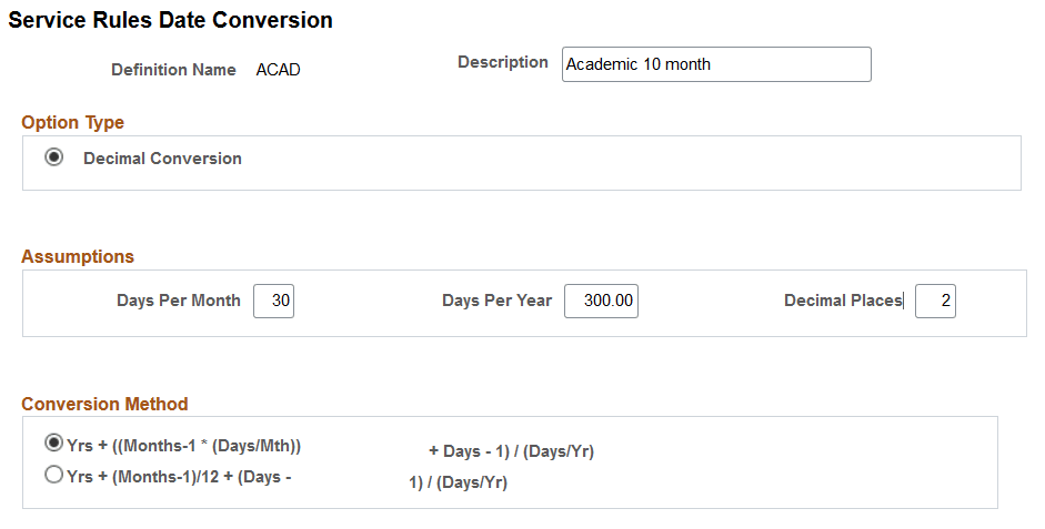 Service Rules Date Conversion page