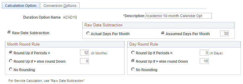 Calculation Option page