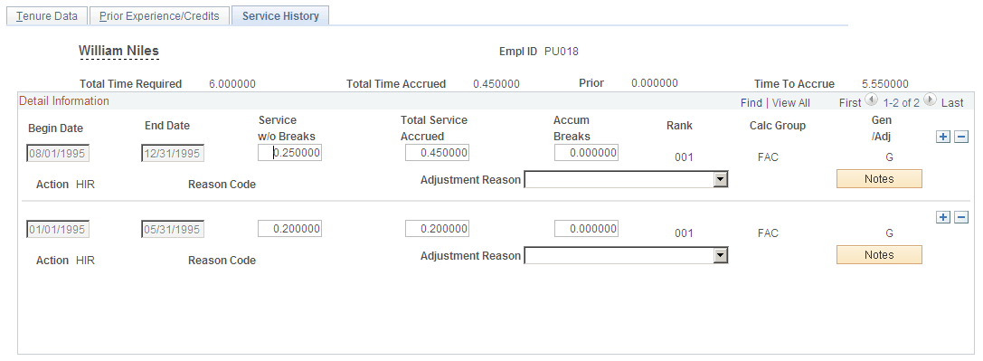 Service History page