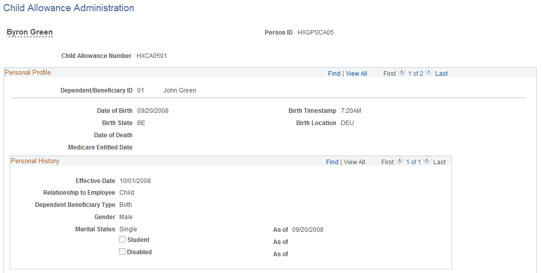 Child Allowance Administration page (1 of 2)