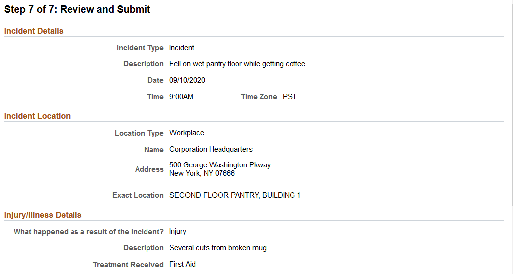 Report Incident - Review and Submit page (1 of 3)