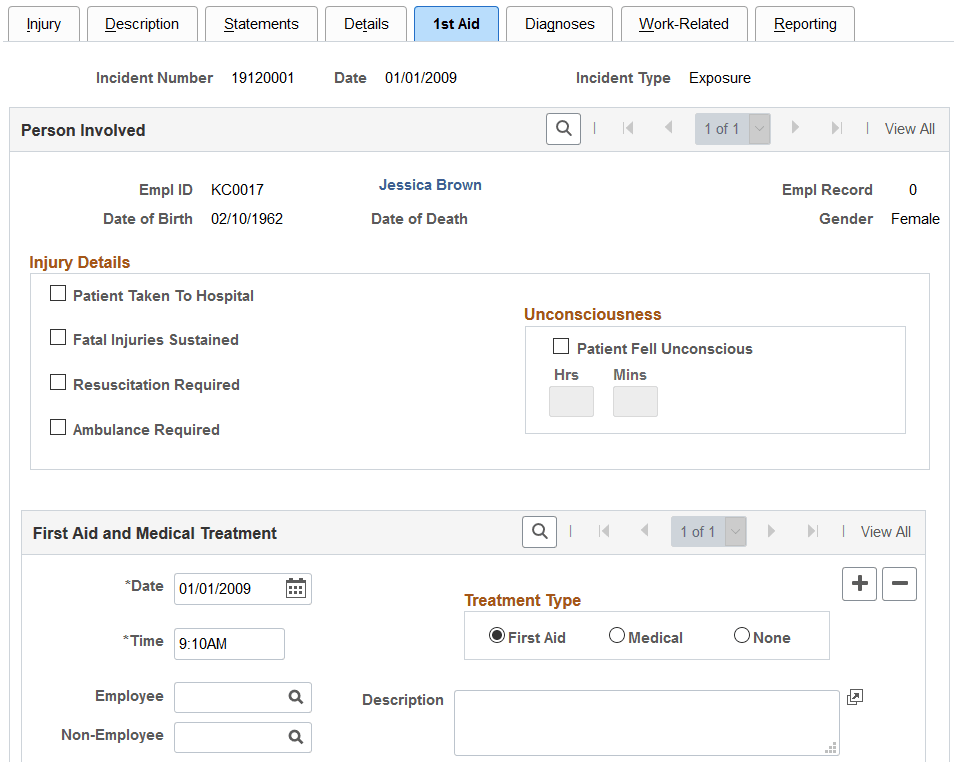 Injury Details - 1st Aid page (1 of 3)