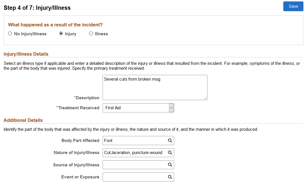 Report Incident - Injury/Illness page