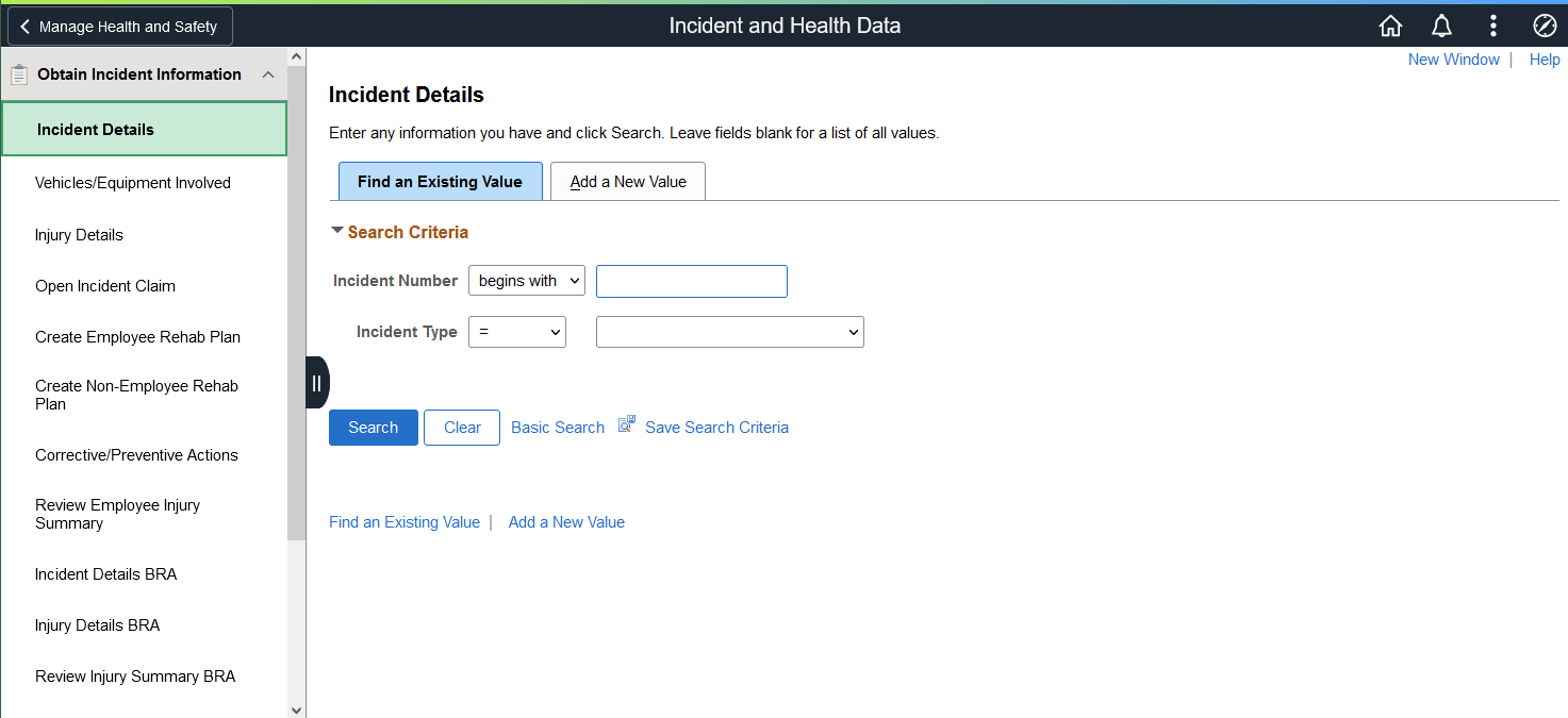 Incident and Health Data application start page