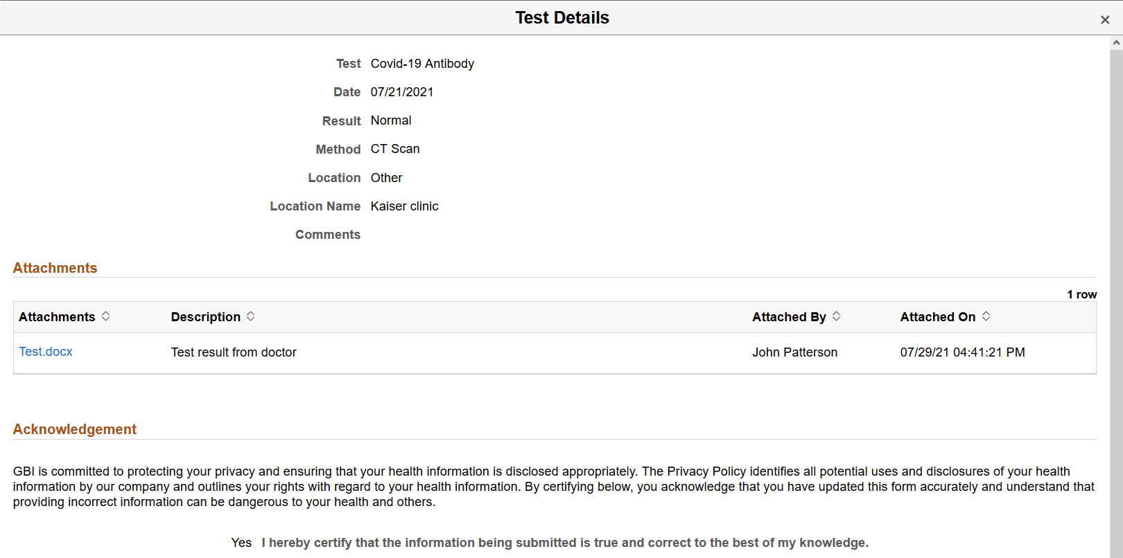 Test Details page in read-only mode (1 of 2)