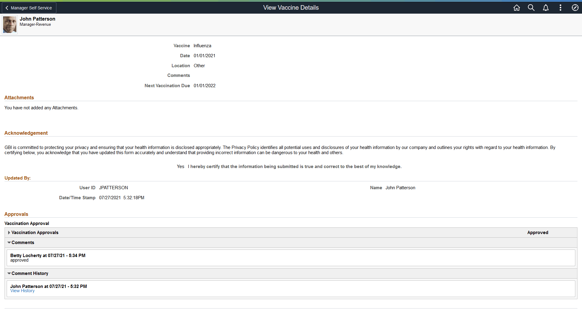 View Vaccine Details page