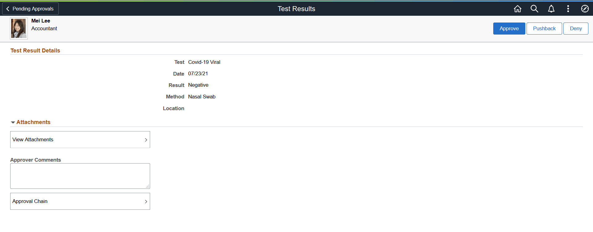 Pending Approvals - Test Results page