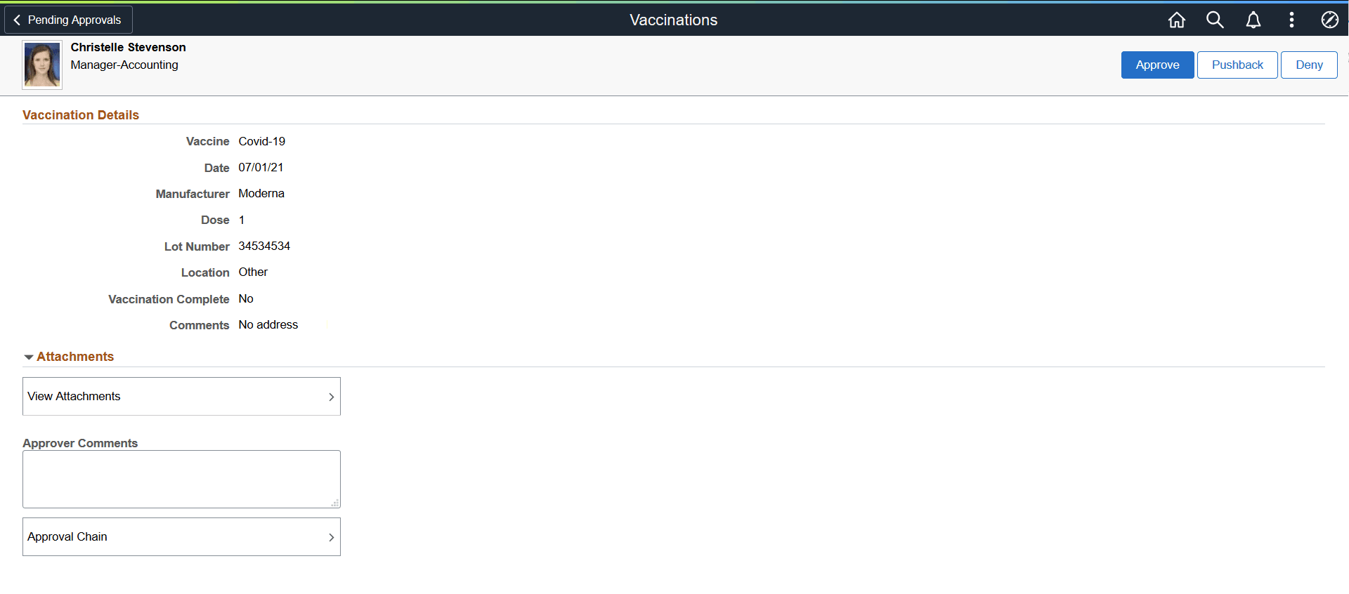 Pending Approvals - Vaccinations page