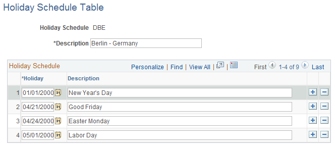 Holiday Schedule Table page