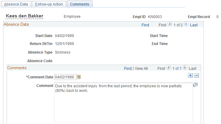 Create/Update Absence - Comments page (1 of 2)