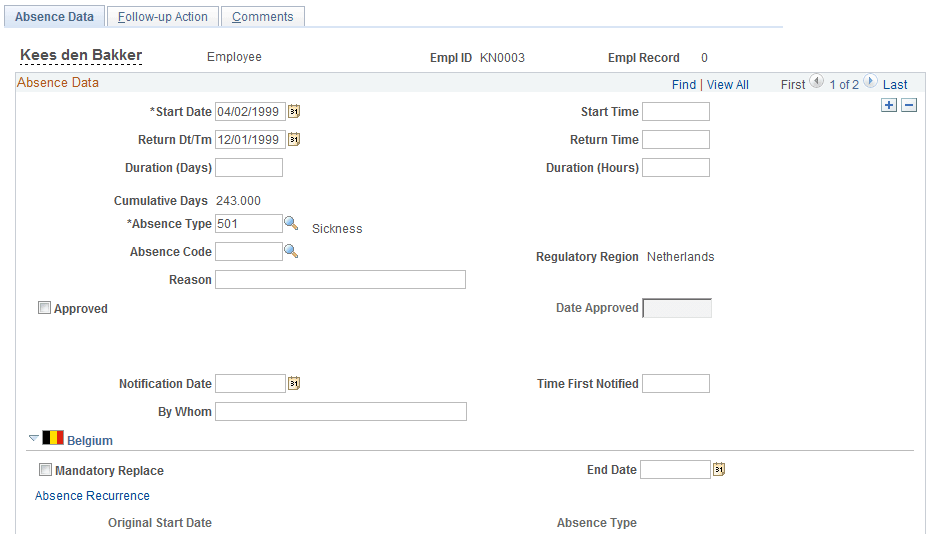 Absence Data page (1 of 2)