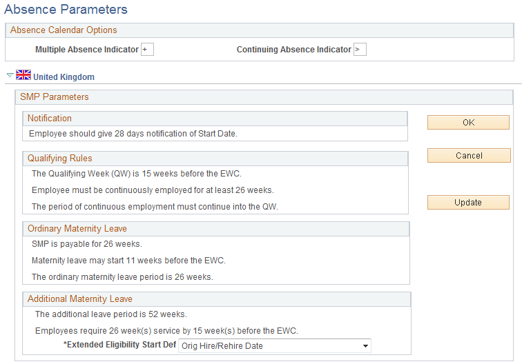 Absence Parameters page (1 of 3)