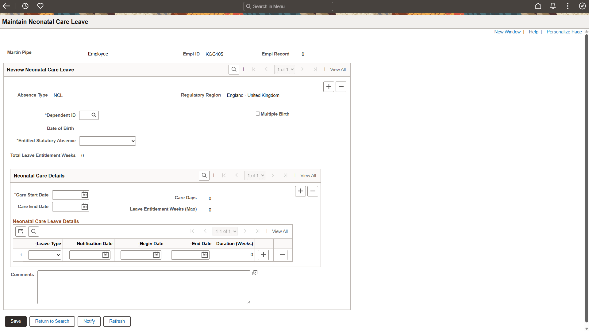 Maintain Neonatal Leave page