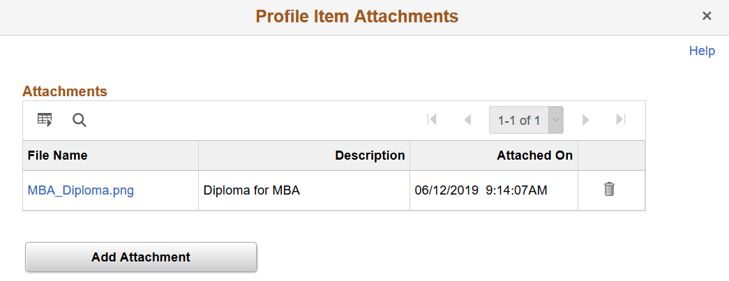 Profile Item Attachments page