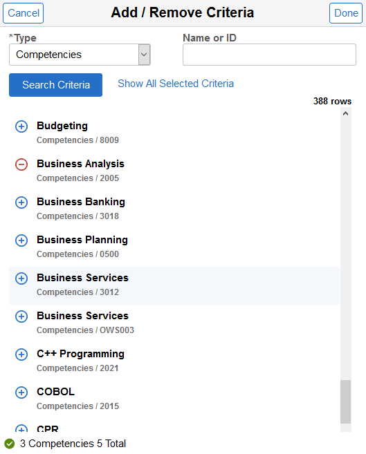 Add / Remove Criteria page