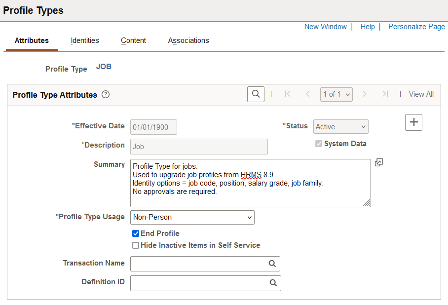 Profile Types - Attributes page
