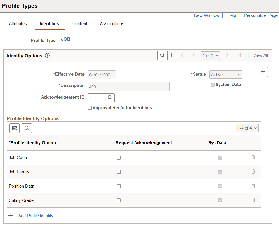 Profile Types - Identities page