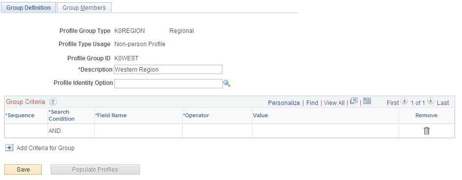 Profile Groups - Group Definition page