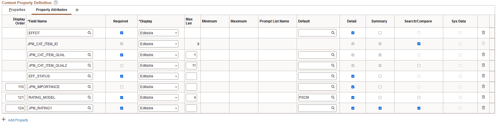 Content Section page: Property Attributes tab