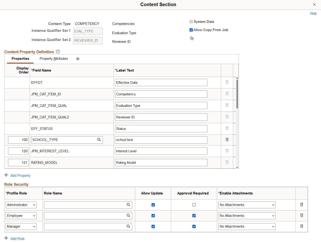 Content Section page: Properties tab