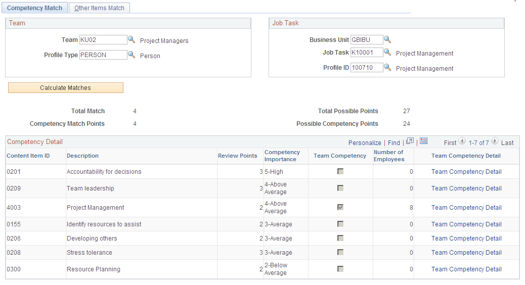 Compare Team to Job Task - Competency Match page