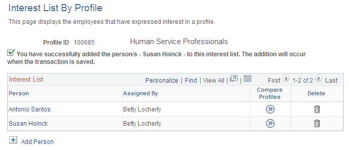 Interest List by Profile page