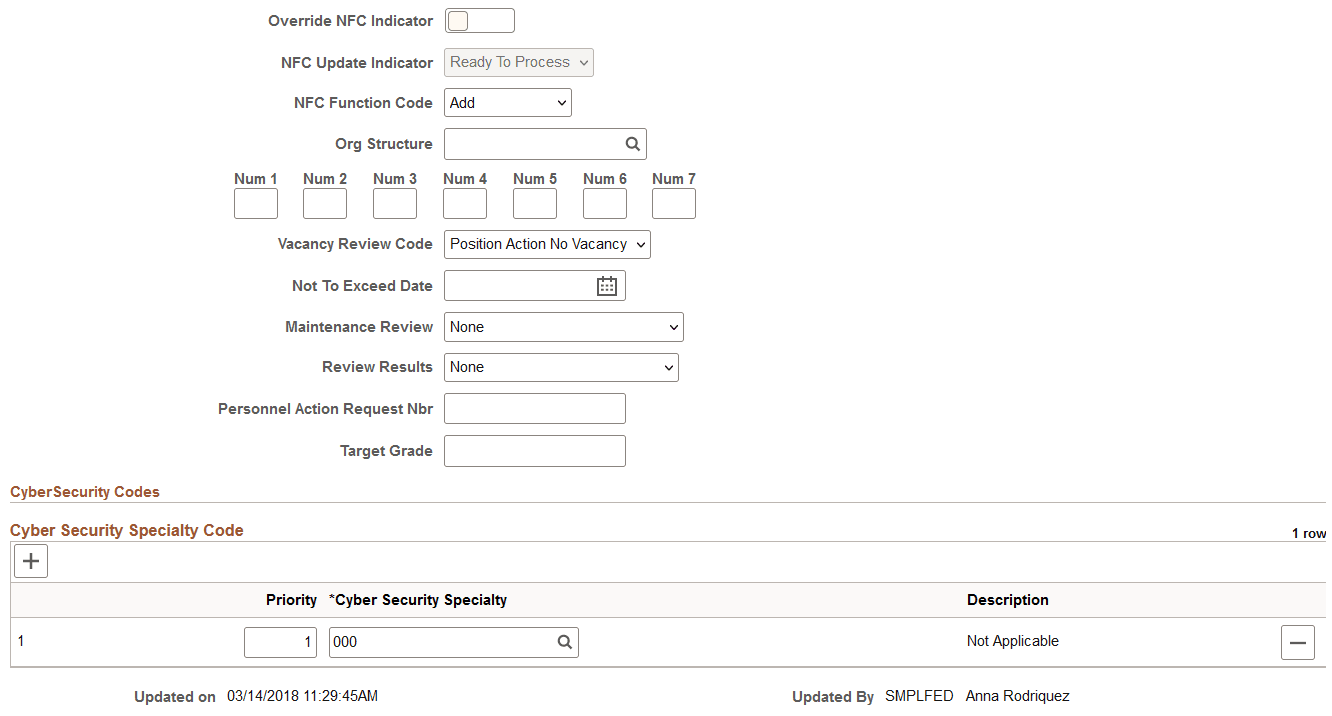 Manage Position or Create Position - Position Data page, US Federal Government section (2 of 2)