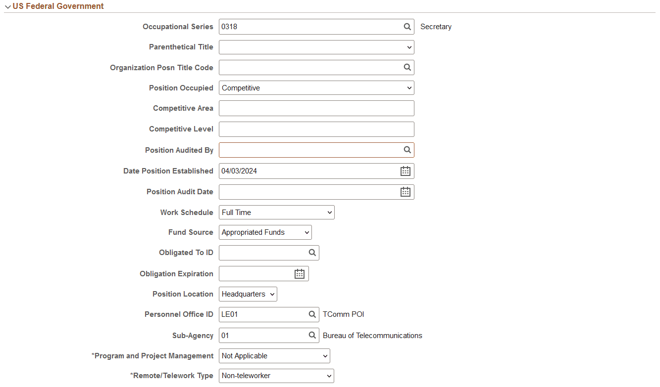 Manage Position or Create Position - Position Data page, US Federal Government section (1 of 2)