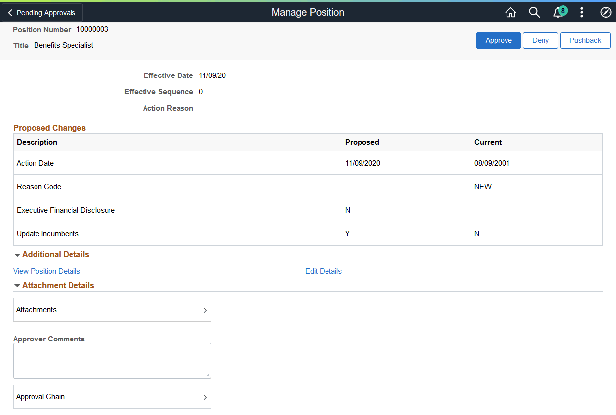 Pending Approvals - Manage Position page